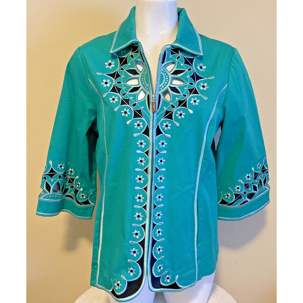 Bob Mackie Wearable Art Embroidered Cutout Jacket Medium Teal Turquoise Full Zip